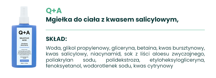 Produkt Miesiąca Marzec 2026: Q+A Mgiełka do ciała - czy spray z kwasem salicylowym to koniec walki z wypryskami na plecach? 2 cek sklad